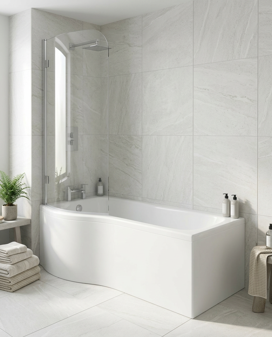 Obra P-Shaped Shower Bath, 1700mm in a bright modern bathroom