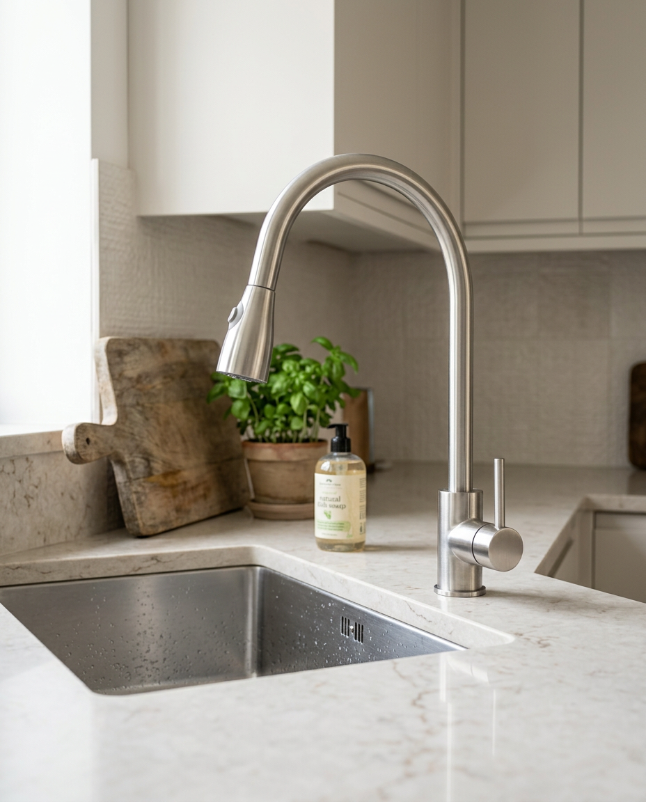 Opal Pull-Out Kitchen Mixer Tap, brushed steel in a bright modern kitchen