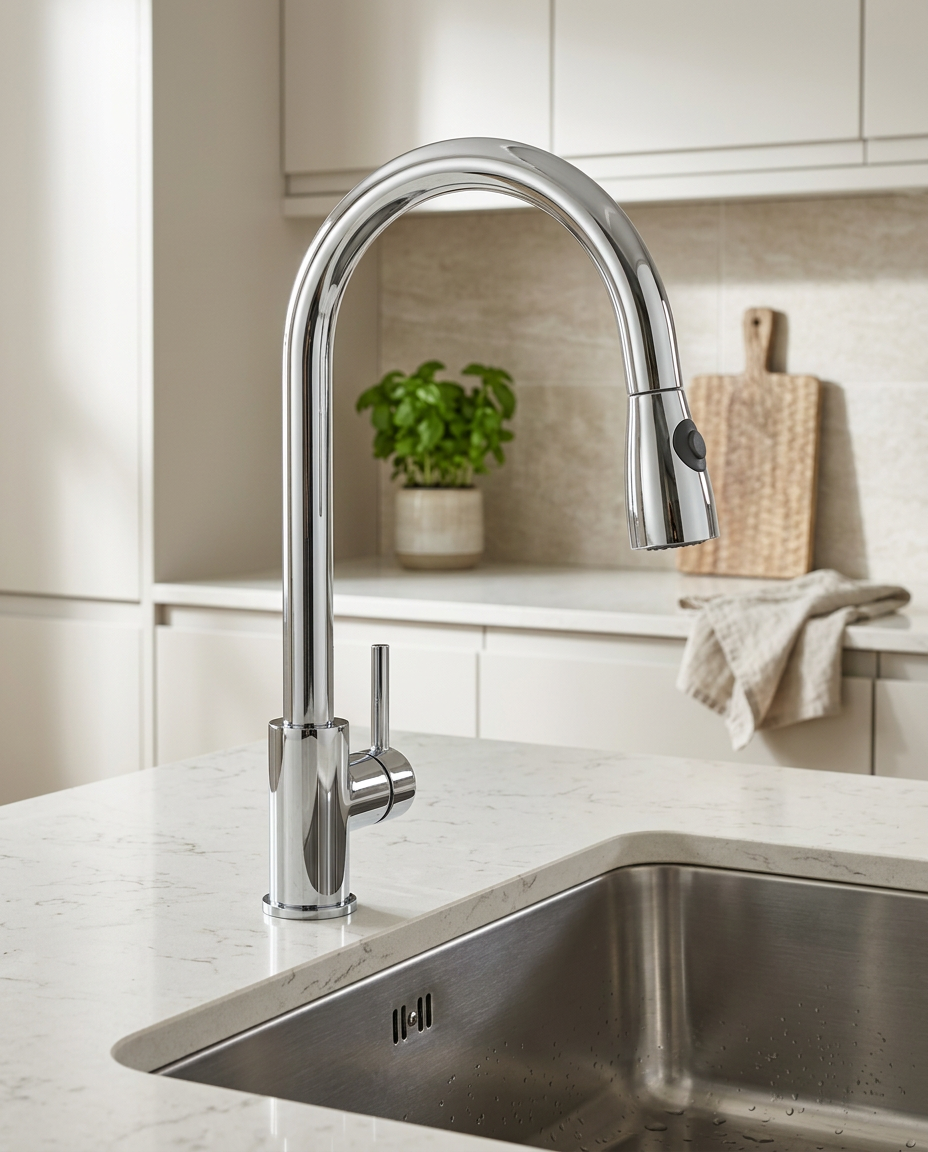 Opal Pull-Out Kitchen Mixer Tap, polished chrome in a bright modern kitchen