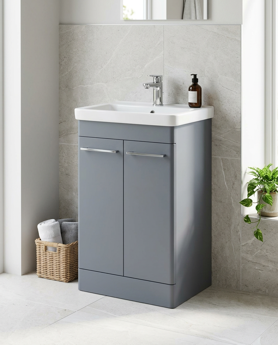 Opus 500mm Floor Standing Vanity Unit & Basin, 2 Doors, matt cool grey in a bright modern bathroom