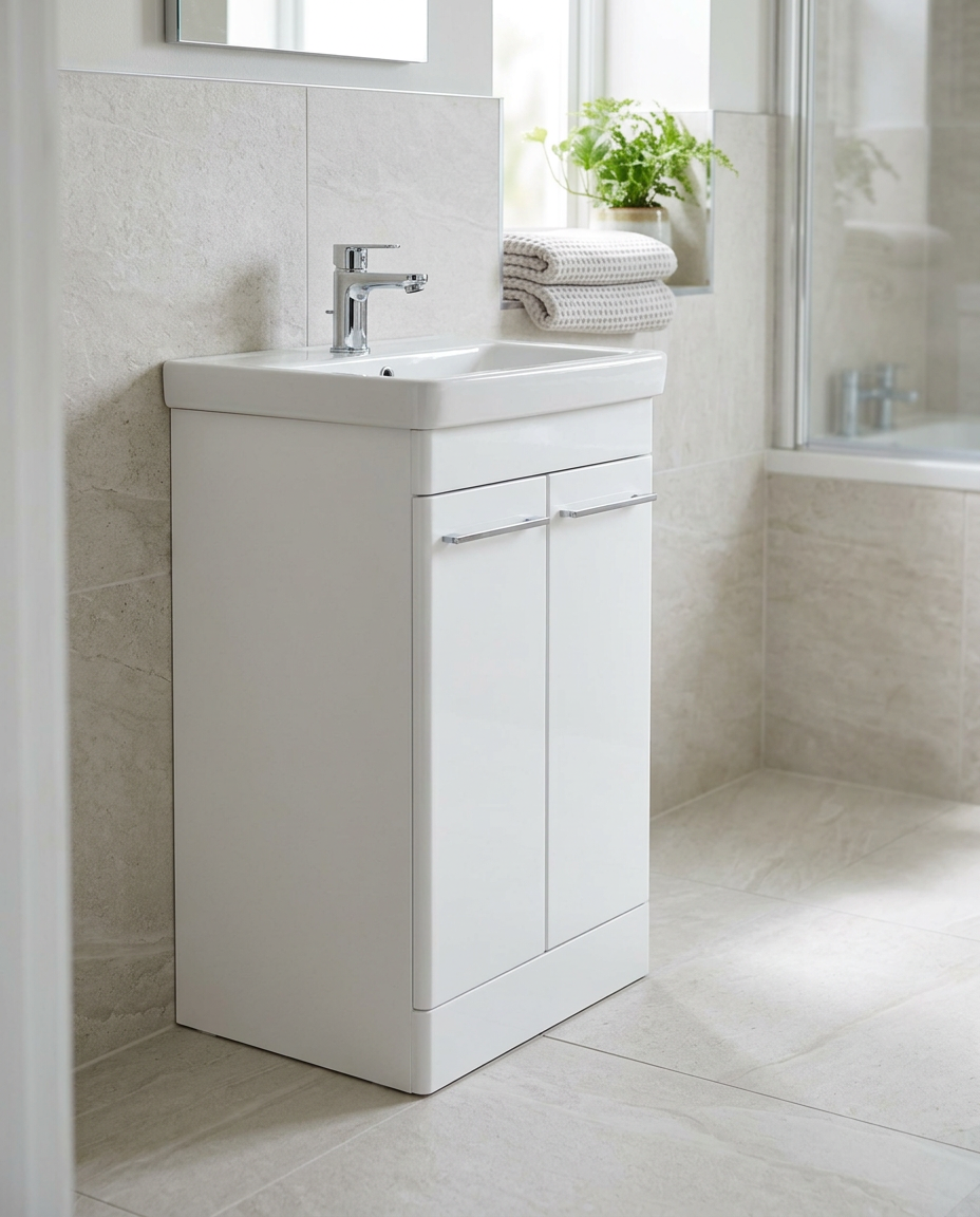 Opus 500mm Floor Standing Vanity Unit & Basin, 2 Doors, white gloss in a bright modern bathroom