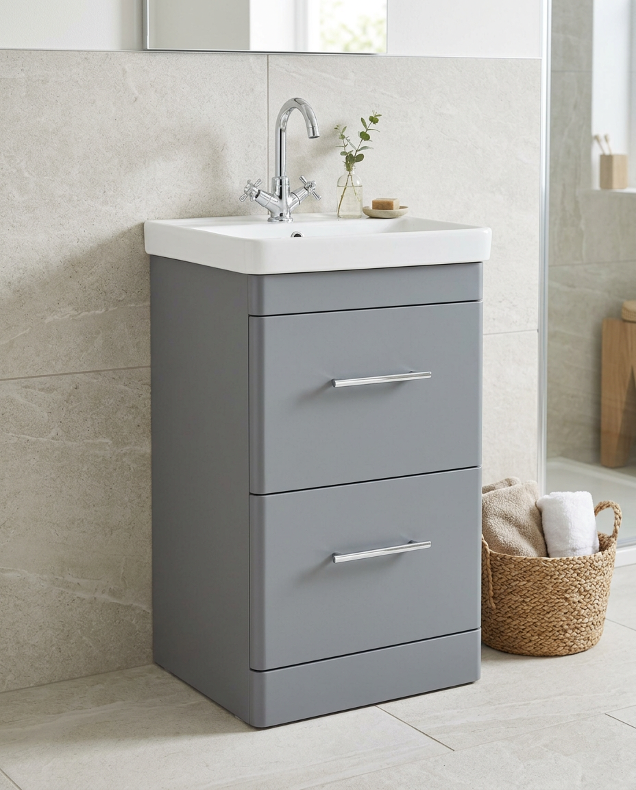 Opus 500mm Floor Standing Vanity Unit & Basin, 2 Drawers, matt cool grey in a bright modern bathroom