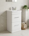 Opus 500mm Floor Standing Vanity Unit & Basin, 2 Drawers, white gloss in a bright modern bathroom