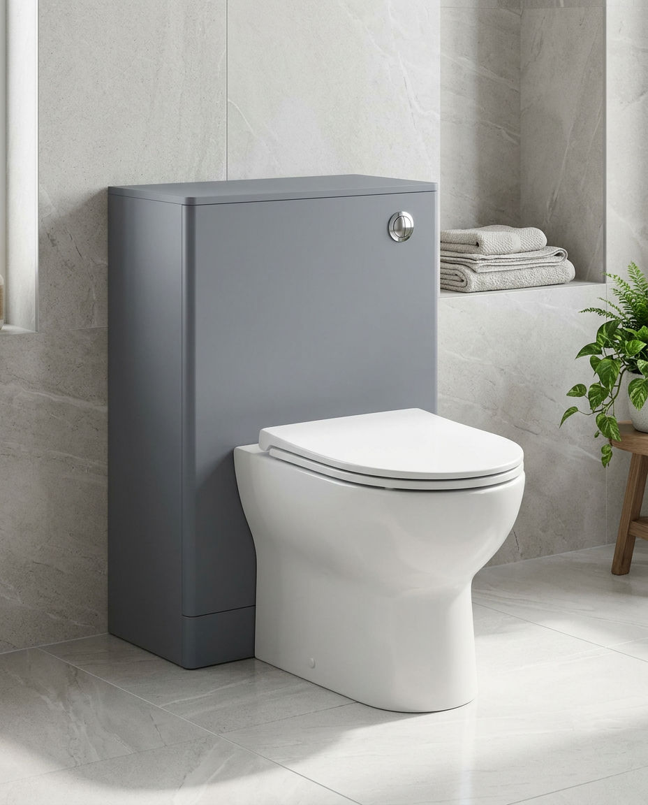 Opus 500mm WC Unit, matt cool grey in a bright modern bathroom