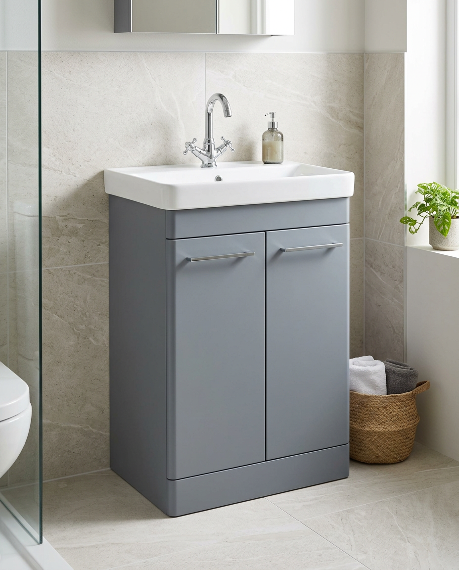 Opus 600mm Floor Standing Vanity Unit & Basin, 2 Doors, matt cool grey in a bright modern bathroom