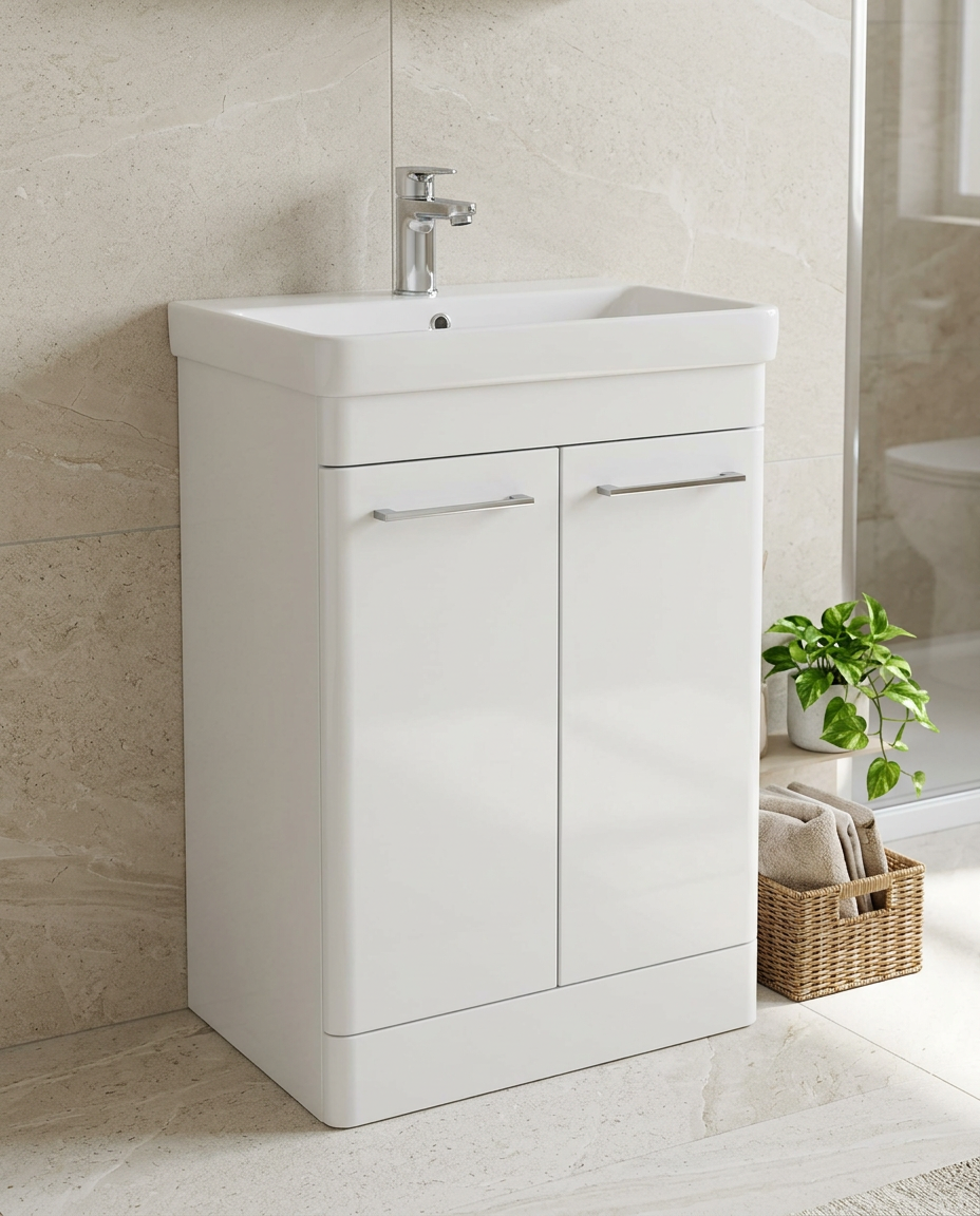 Opus 600mm Floor Standing Vanity Unit & Basin, 2 Doors, white gloss in a bright modern bathroom