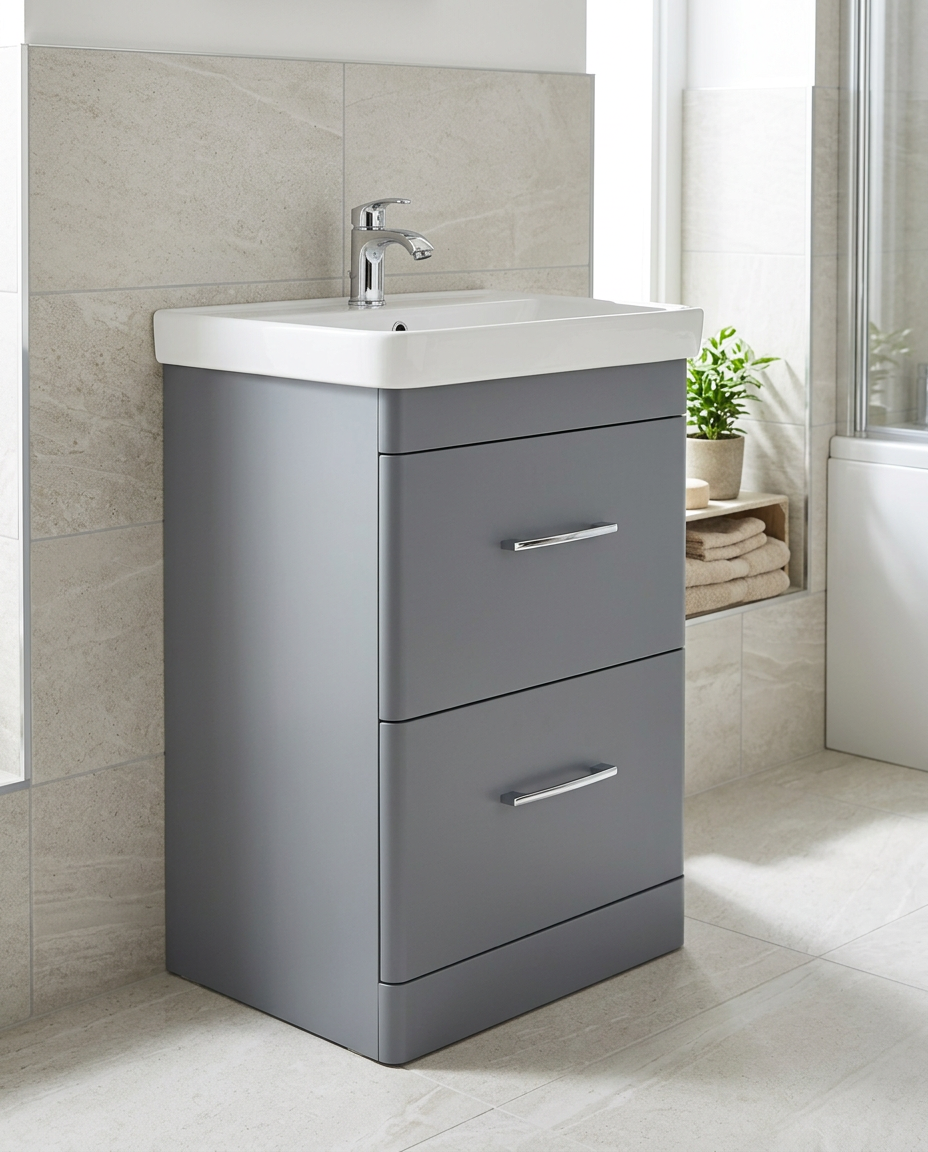 Opus 600mm Floor Standing Vanity Unit & Basin, 2 Drawers, matt cool grey in a bright modern bathroom