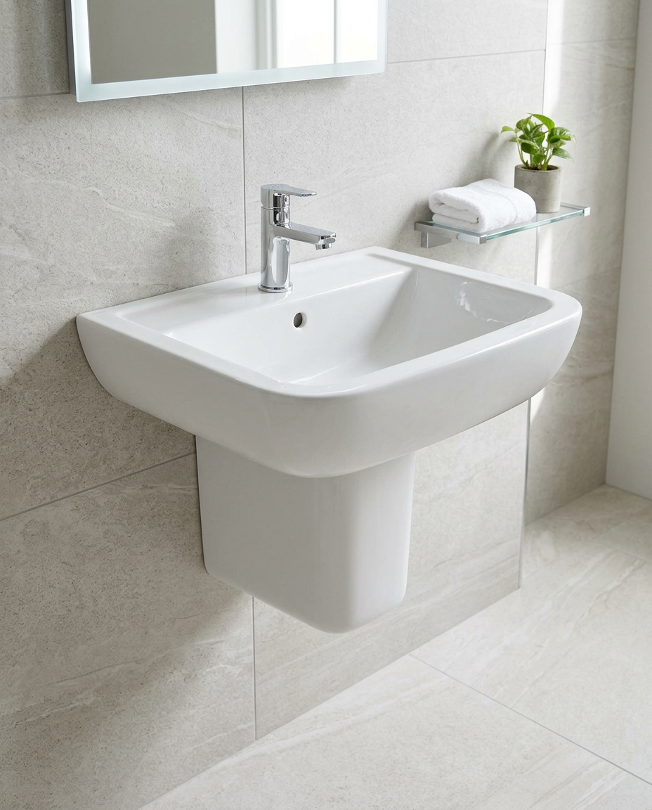 Opus Basin & Pedestal in a bright modern bathroom