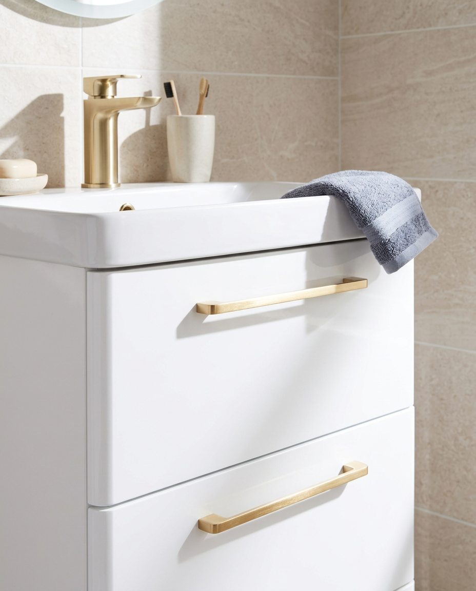Opus Furniture Handles, brushed brass in a bright modern bathroom