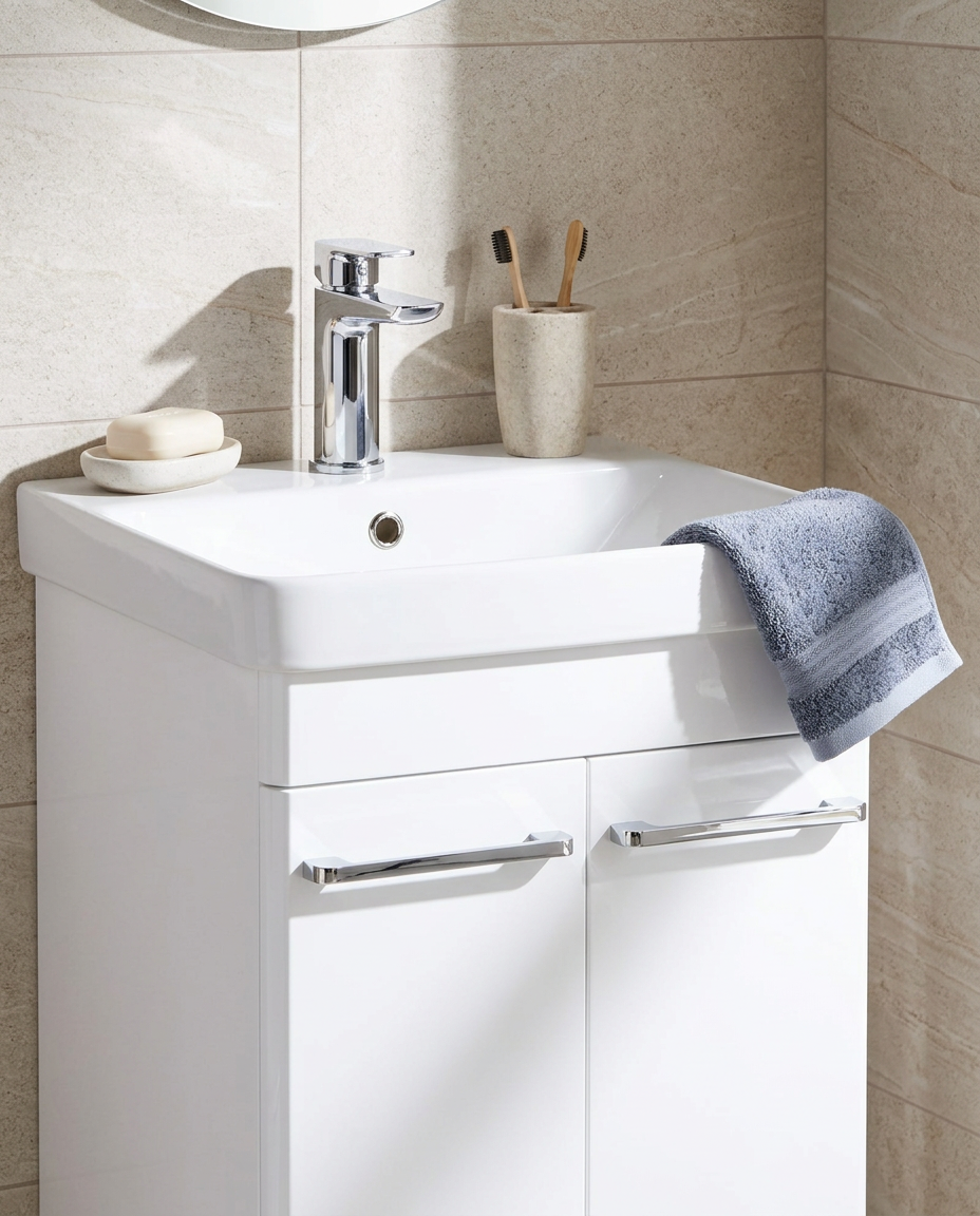 Opus Furniture Handles, chrome in a bright modern bathroom