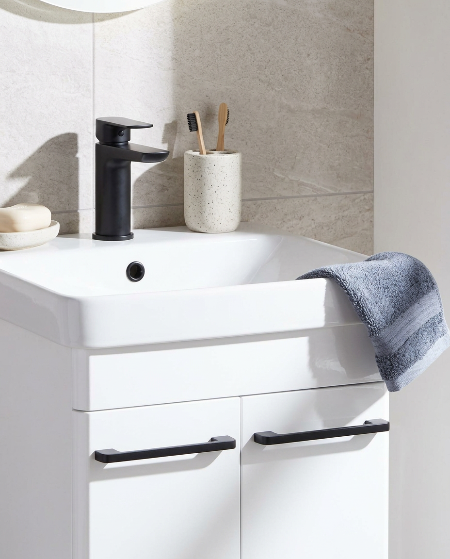 Opus Furniture Handles, matt black in a bright modern bathroom