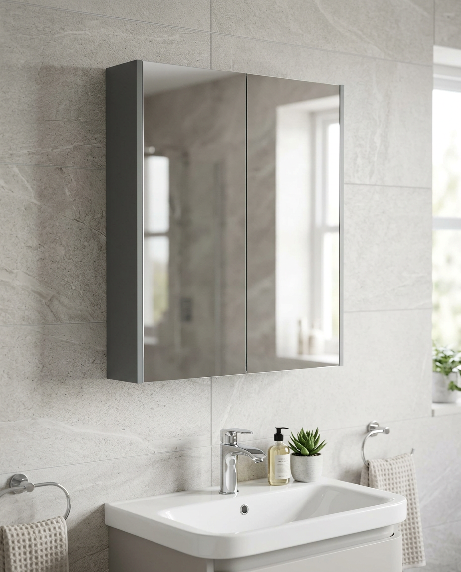 Opus Mirror Cabinet, matt cool grey in a bright modern bathroom