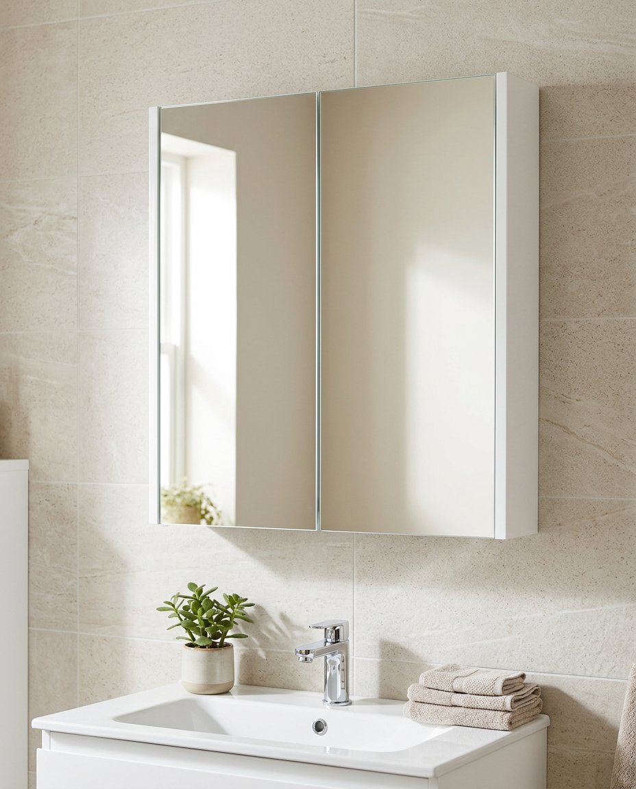 Opus Mirror Cabinet, white gloss in a bright modern bathroom