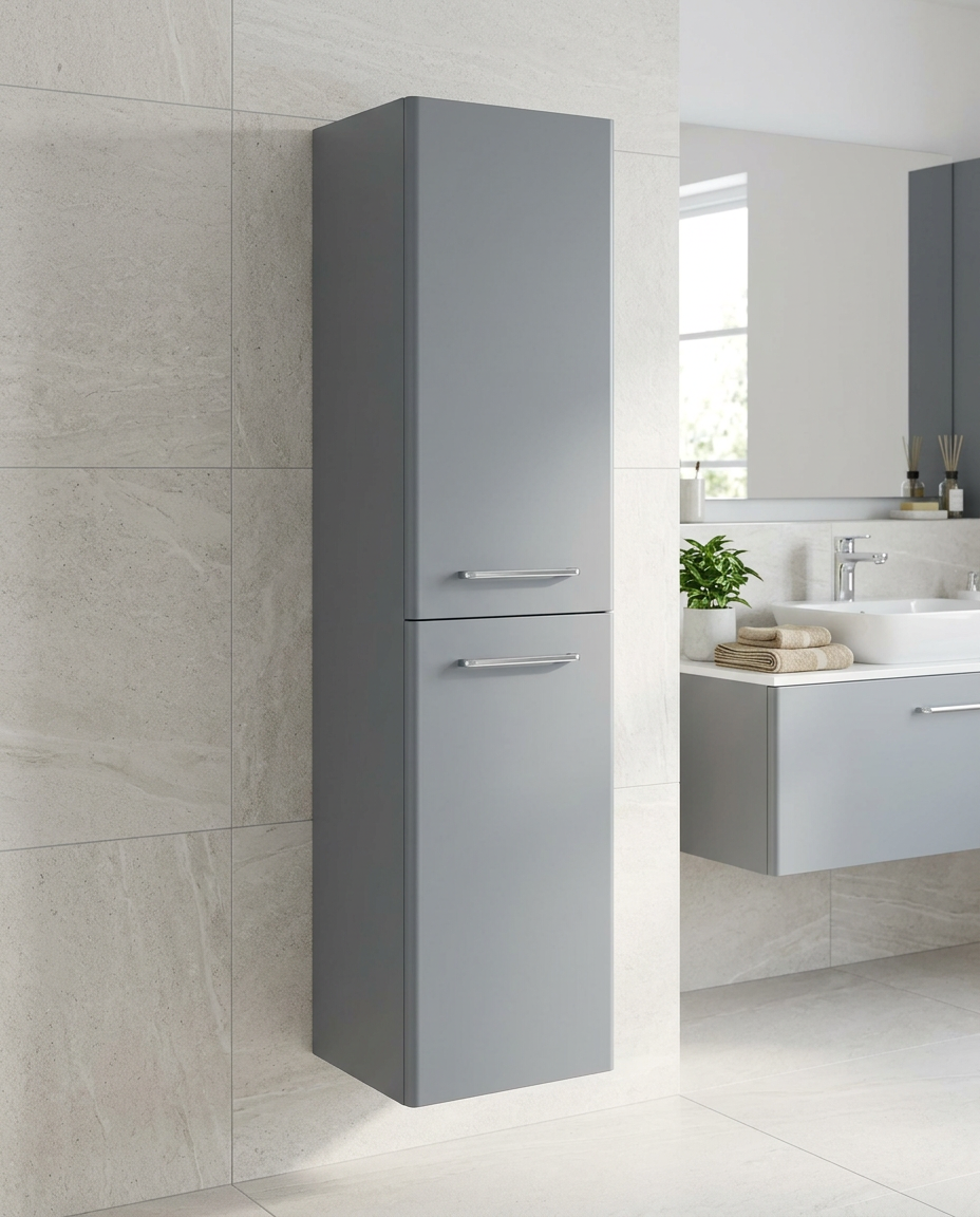 Opus Wall Mounted Side Unit, matt cool grey in a bright modern bathroom
