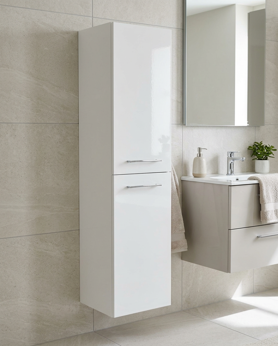 Opus Wall Mounted Side Unit, white gloss in a bright modern bathroom