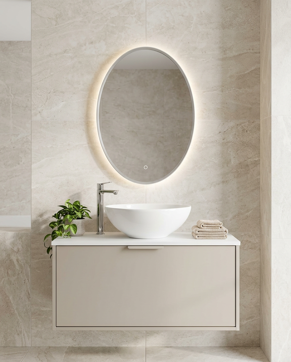Orbita Framed Oval LED Mirror in a bright modern bathroom