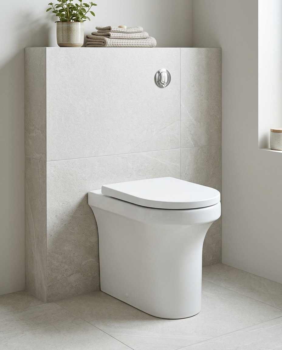 Oriel Round Back to Wall Toilet in a bright modern bathroom