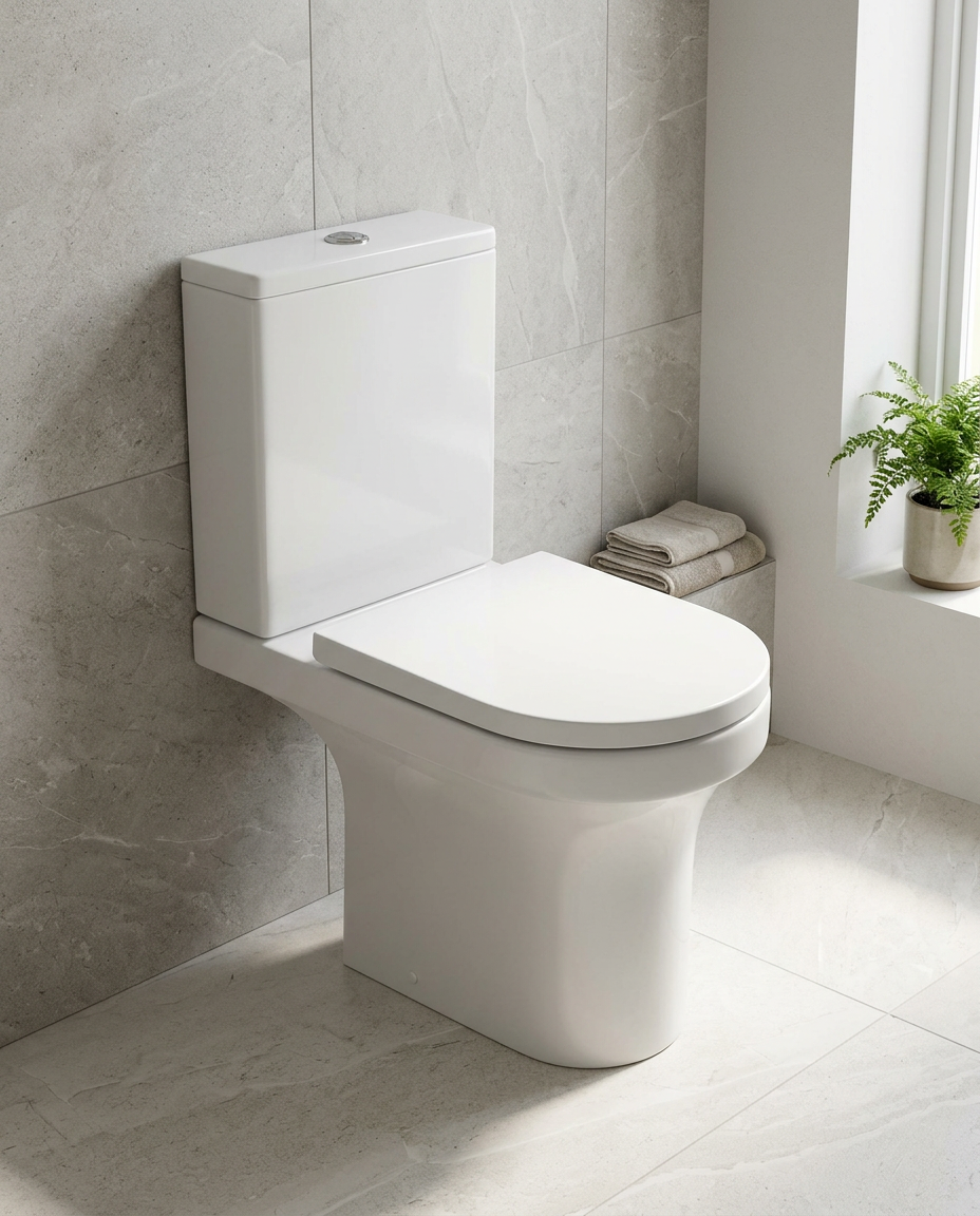 Oriel Round Close Coupled Toilet in a bright modern bathroom
