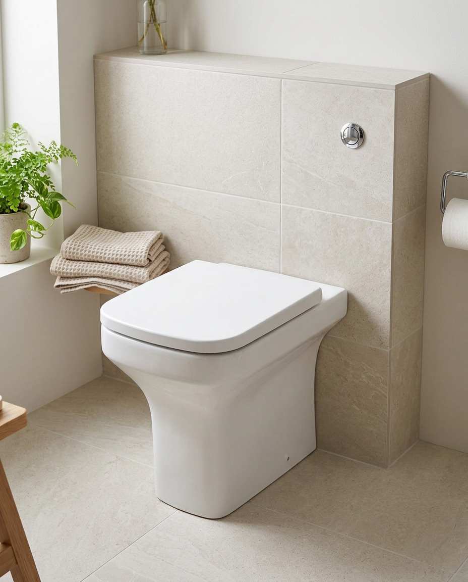 Oriel Square Back to Wall Toilet in a bright modern bathroom