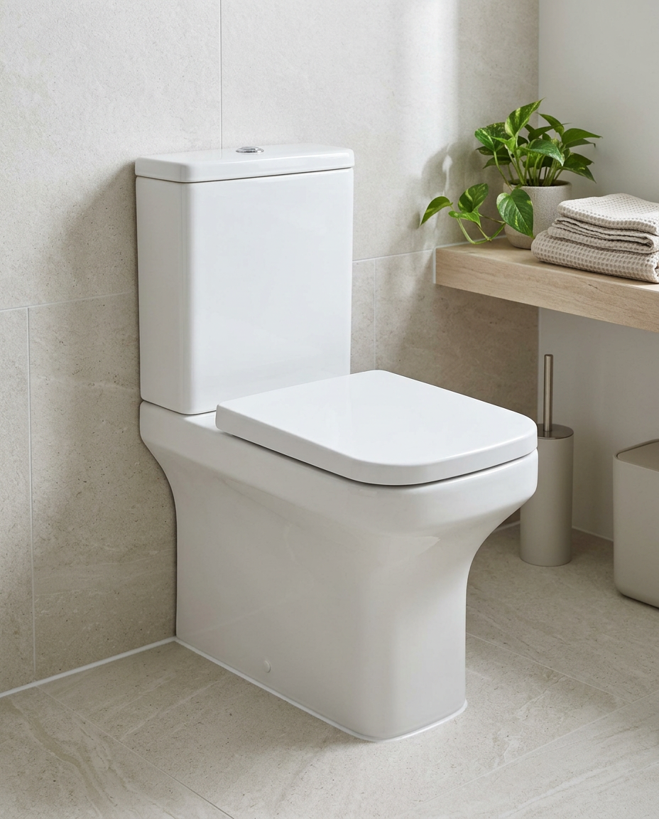 Oriel Square Close Coupled Toilet in a bright modern bathroom