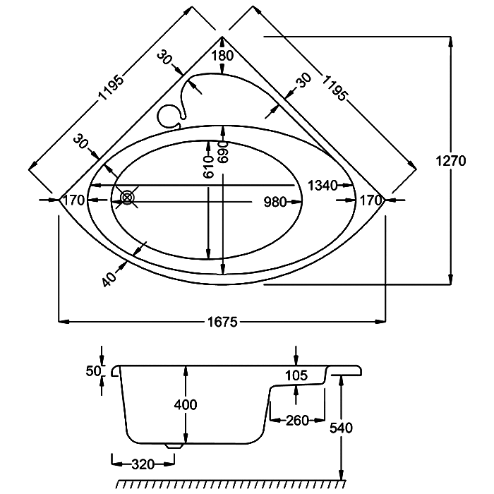 Carron Oriole Corner Bath, technical drawing