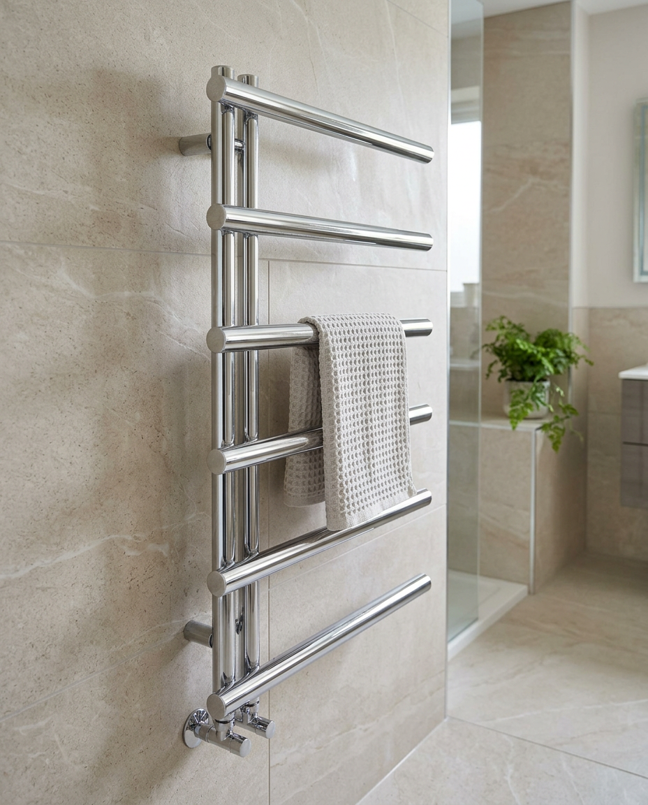 Orisa Designer Towel Radiator in a bright modern bathroom