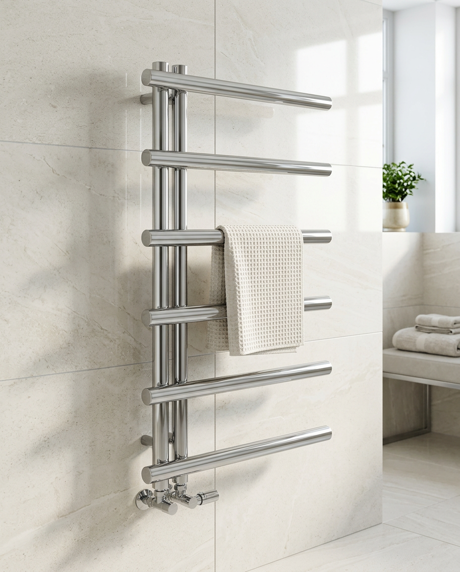 Orisa Designer Towel Radiator with Valves in a bright modern bathroom