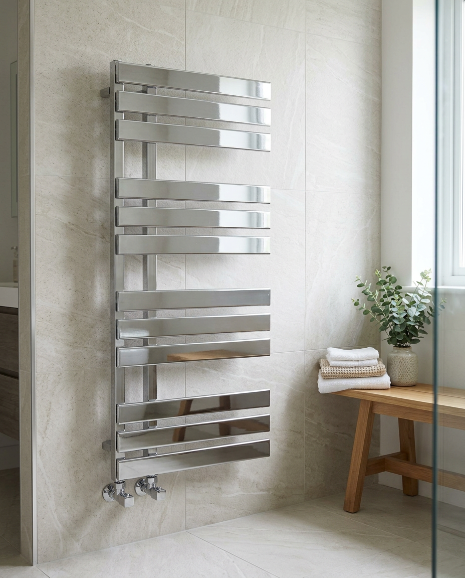 Orwell Designer Towel Rail, chrome in a bright modern bathroom