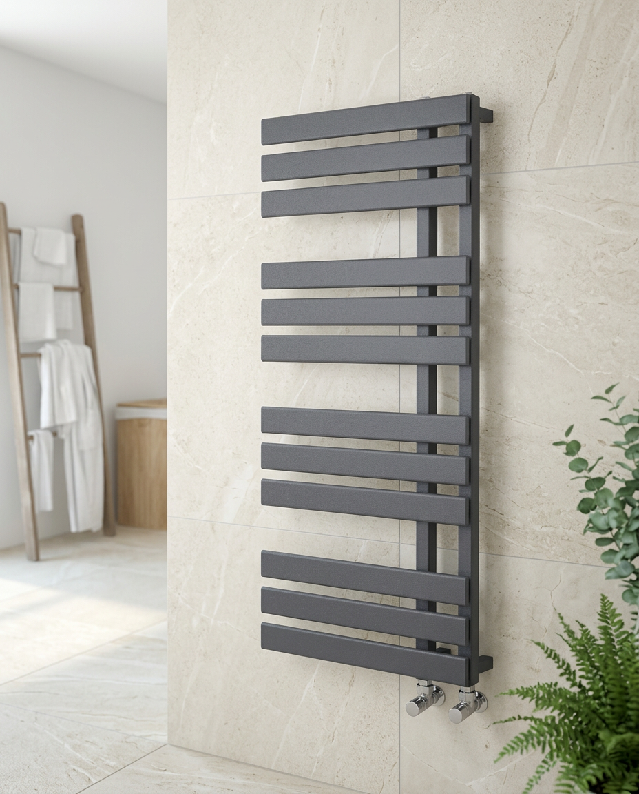 Orwell Designer Towel Rail, textured grey in a bright modern bathroom
