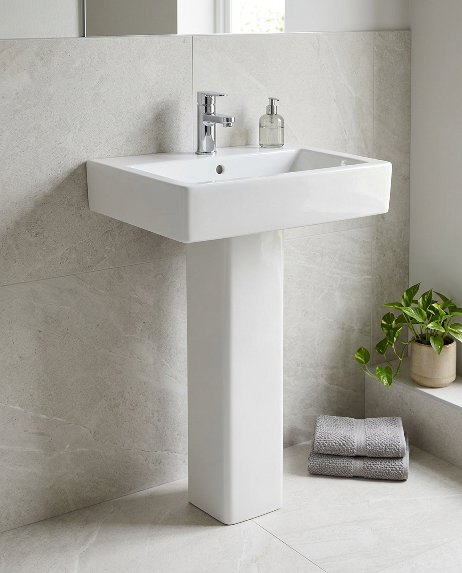 Outlyne Basin & Pedestal in a bright modern bathroom