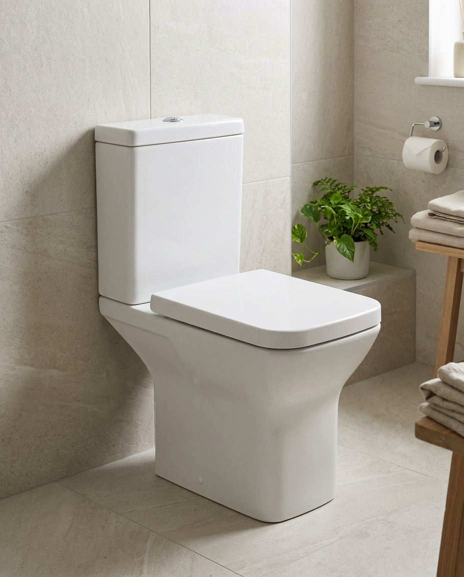 Outlyne Close Coupled Toilet in a bright modern bathroom