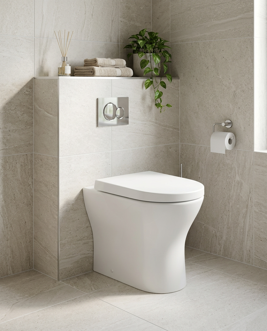 Palma Round Back to Wall Toilet in a bright modern bathroom