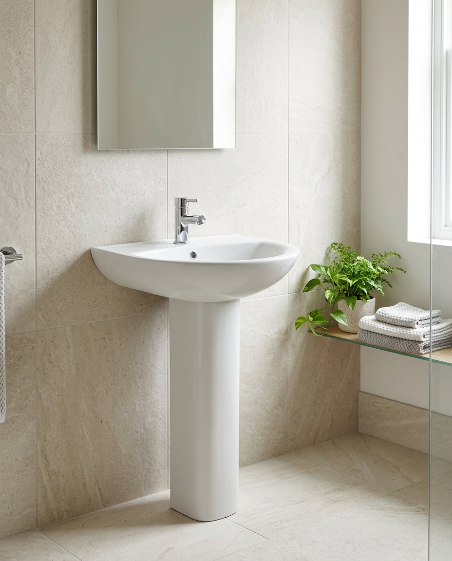 Palma Round Basin & Pedestal in a bright modern bathroom