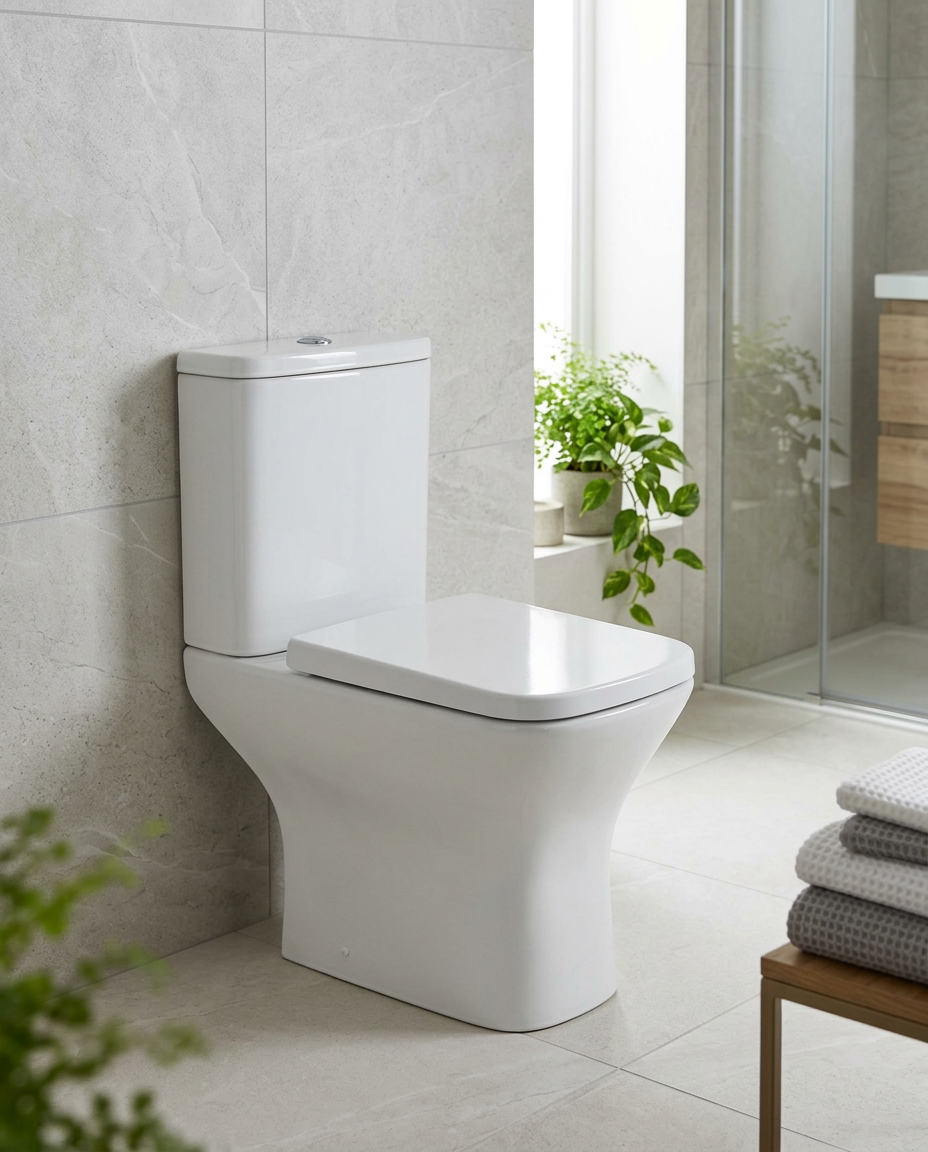 Palma Square Close Coupled Toilet in a bright modern bathroom