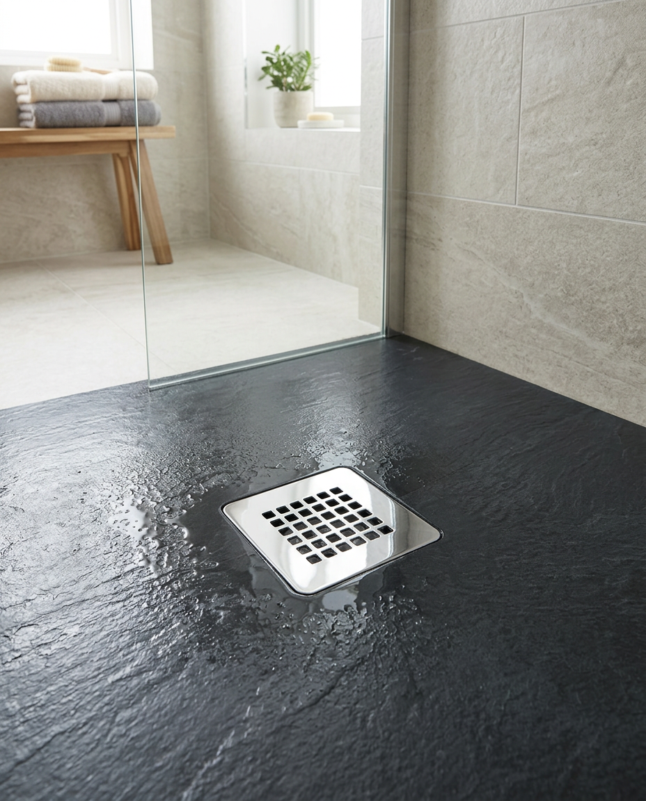 Petra Shower Tray Waste Covers in a bright modern bathroom
