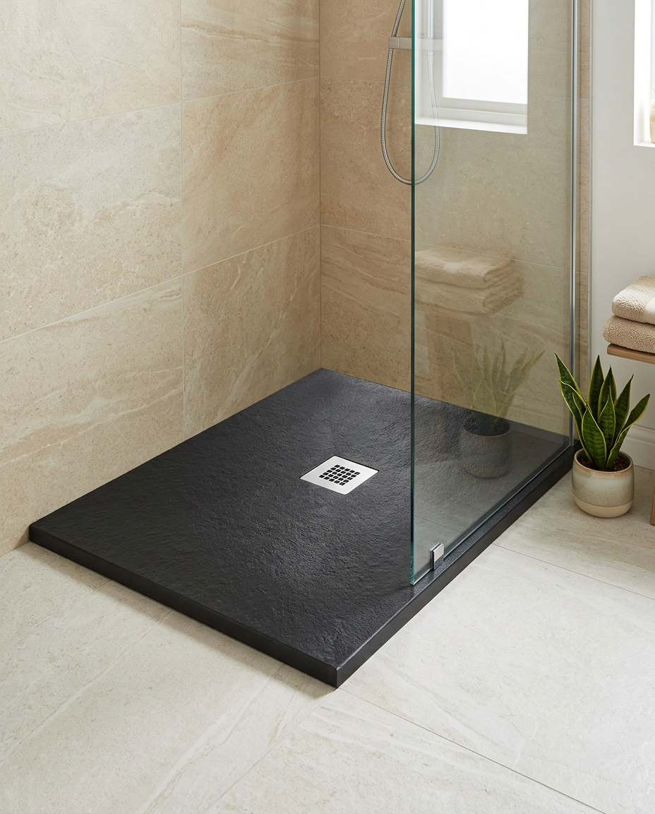 Petra Stone-Effect Anti-Slip Shower Tray, black in a bright modern bathroom