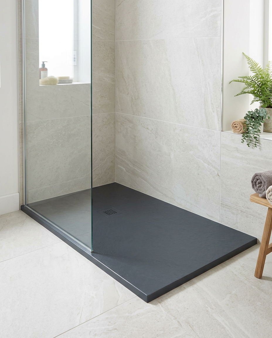 Petra Stone-Effect Anti-Slip Shower Tray, graphite in a bright modern bathroom