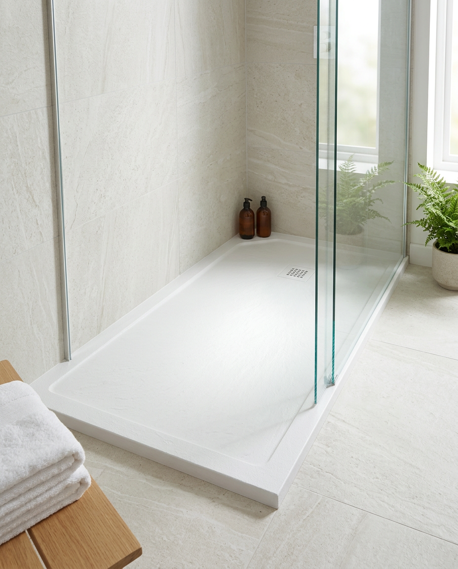 Petra Stone-Effect Anti-Slip Shower Tray, white in a bright modern bathroom
