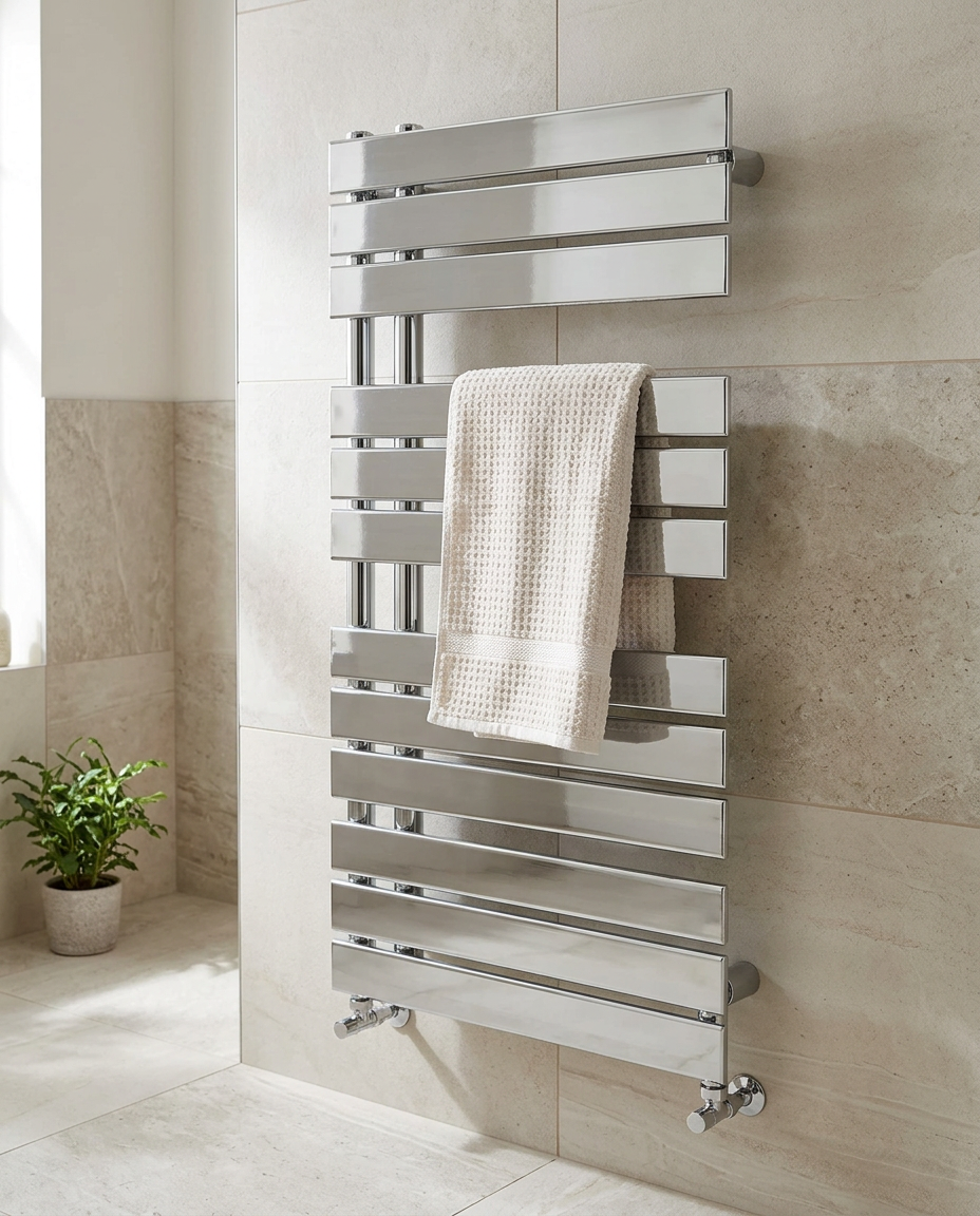 Piona Towel Radiator in a bright modern bathroom