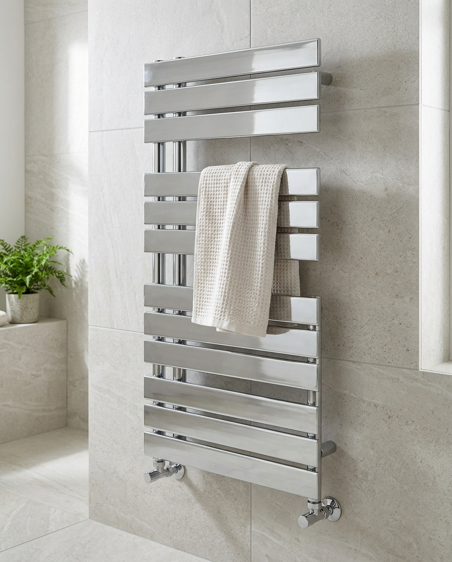 Piona Towel Radiator with Valves in a bright modern bathroom