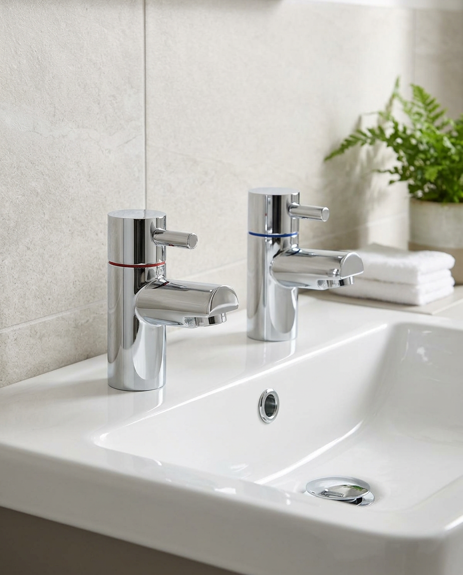 Plana Basin Taps in a bright modern bathroom