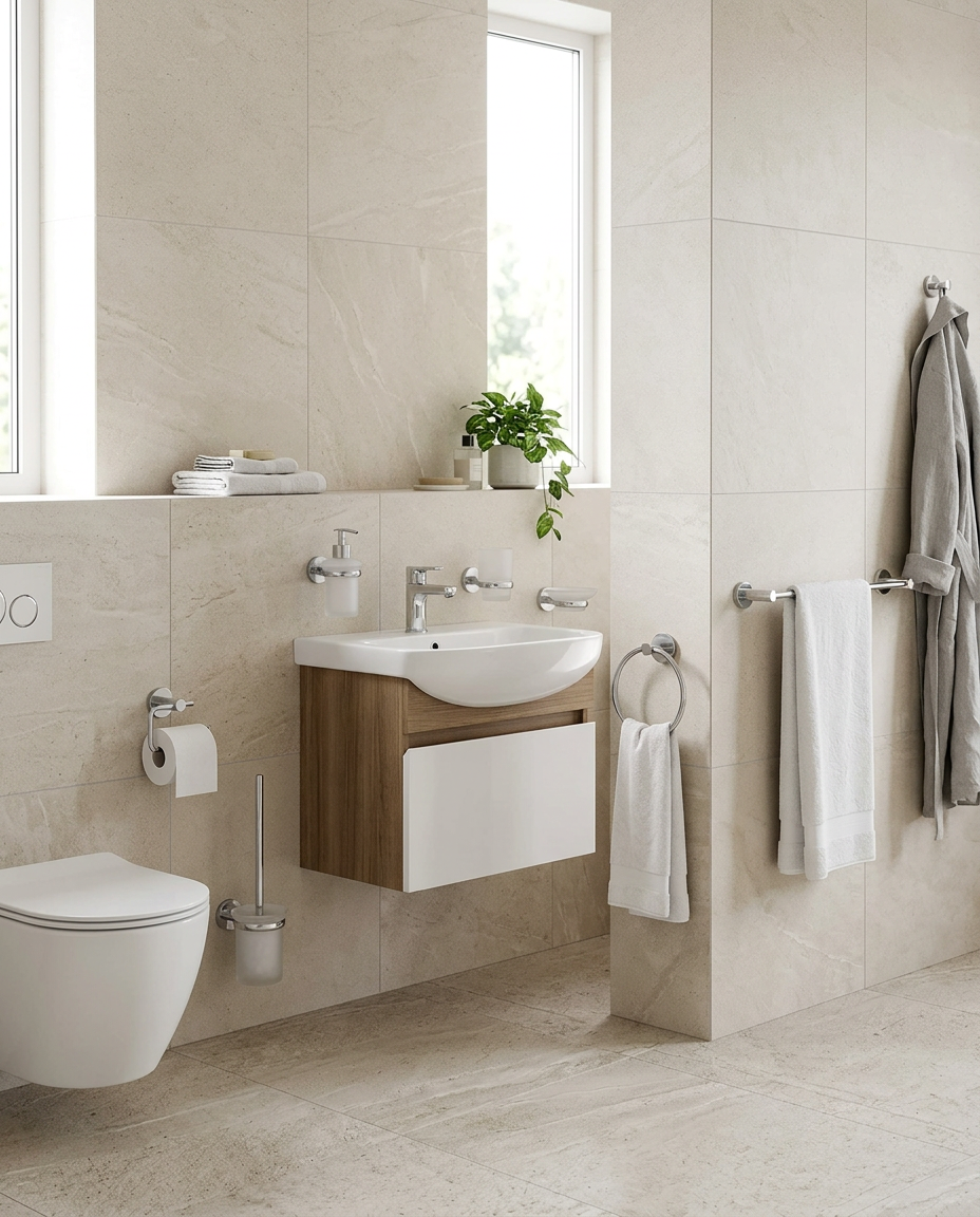 Plana Bathroom Accessories in a bright modern bathroom