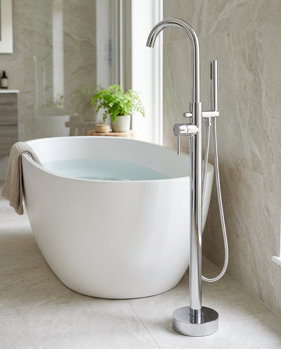 Plana Freestanding Bath Shower Mixer in a bright modern bathroom