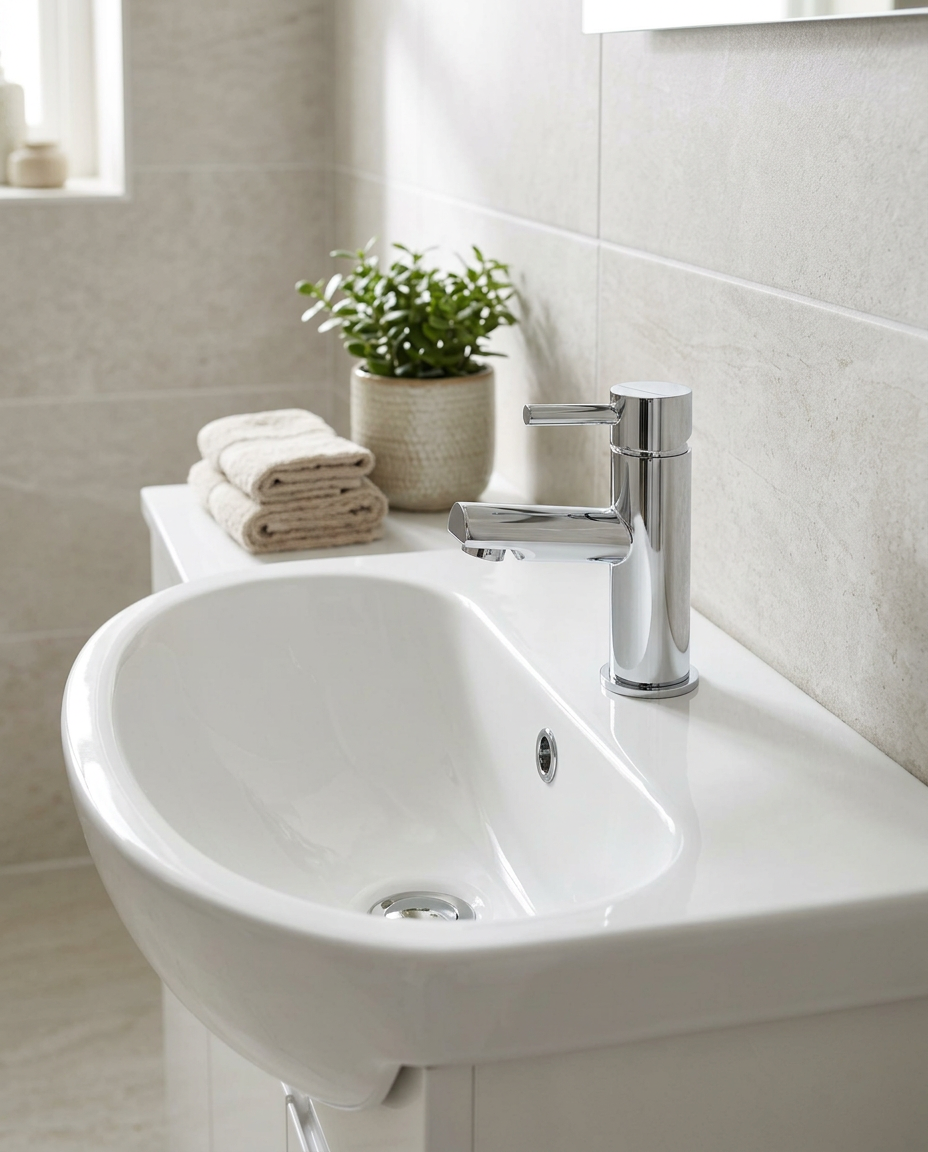 Plana Mono Basin Mixer in a bright modern bathroom
