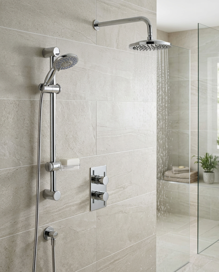 Plana Thermostatic Shower Sets & Valves in a bright modern bathroom
