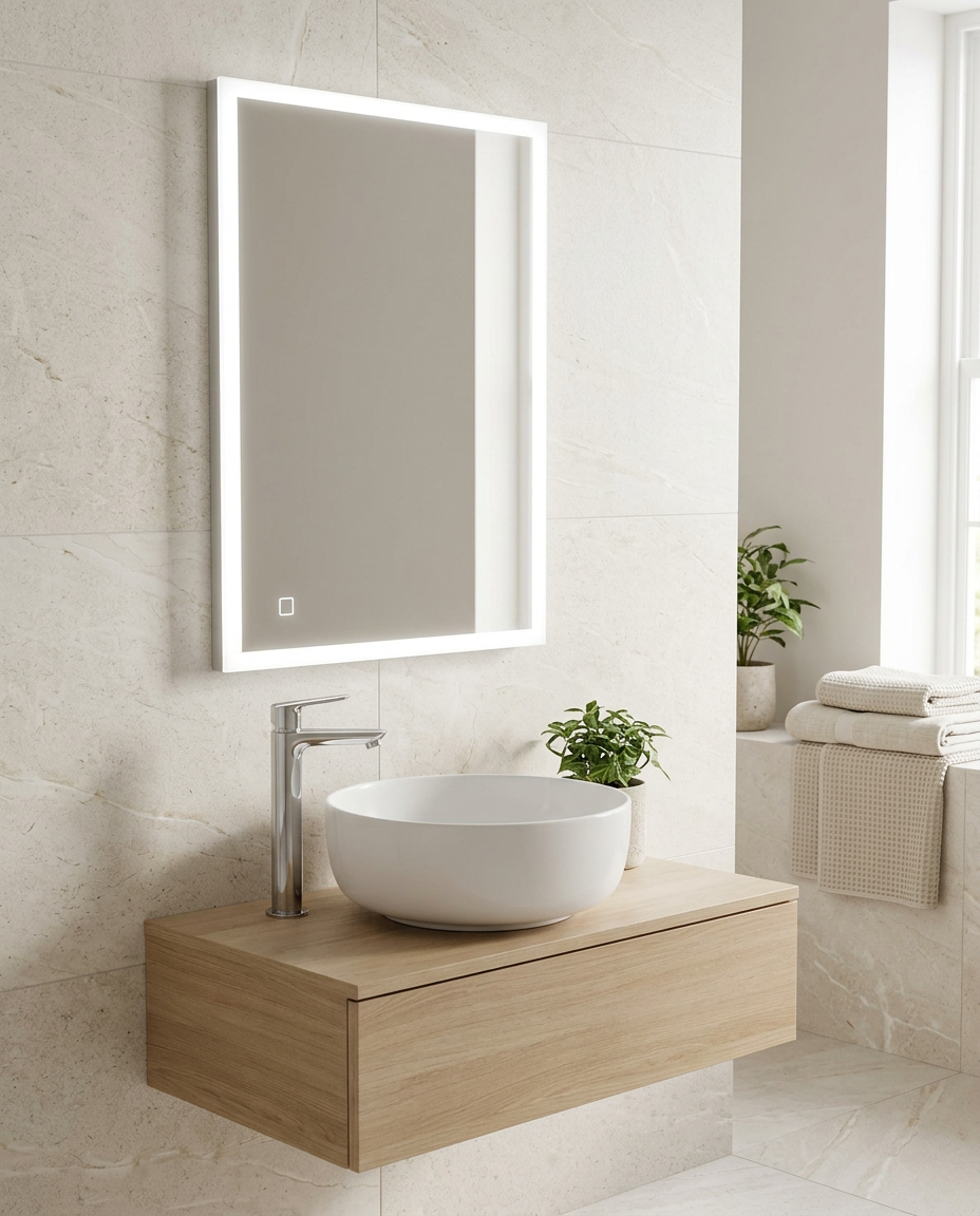 Pluta LED Mirror with Shaver Socket in a bright modern bathroom