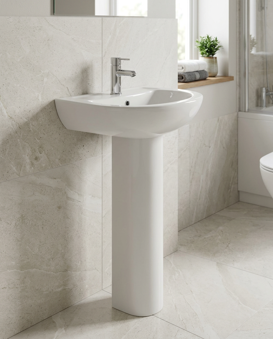 Prisma Basin & Pedestal in a bright modern bathroom