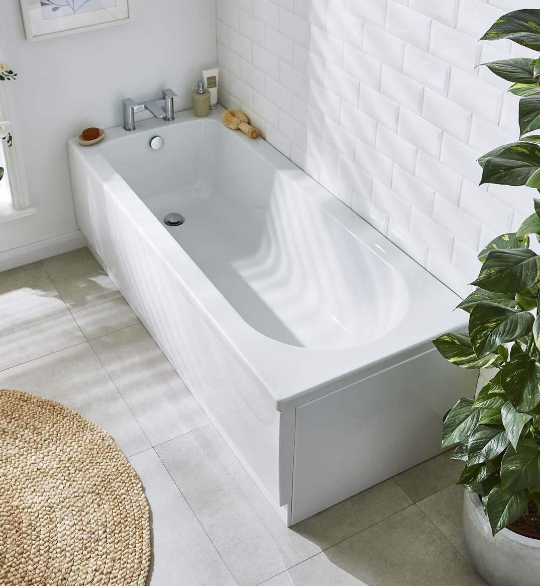 Prisma Single Ended Bath, in a bathroom with front panel