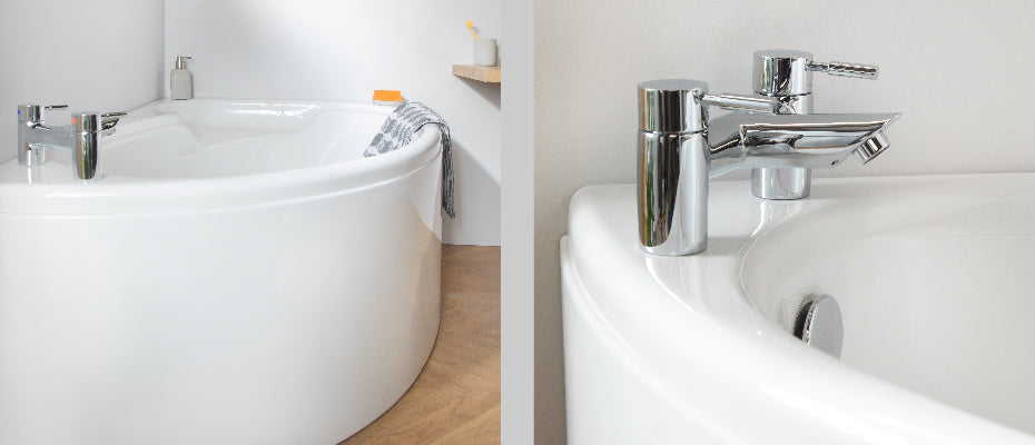 Carron Dove Corner Bath, in a bathroom setting