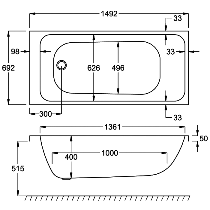 Carron Profile Single Ended Bath, technical drawing